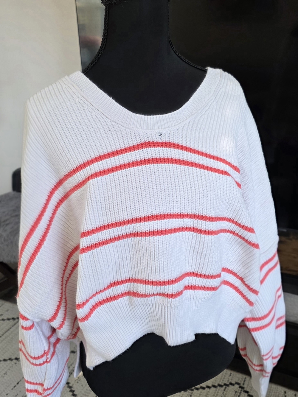 White & Coral Striped Women's Knit Sweater
